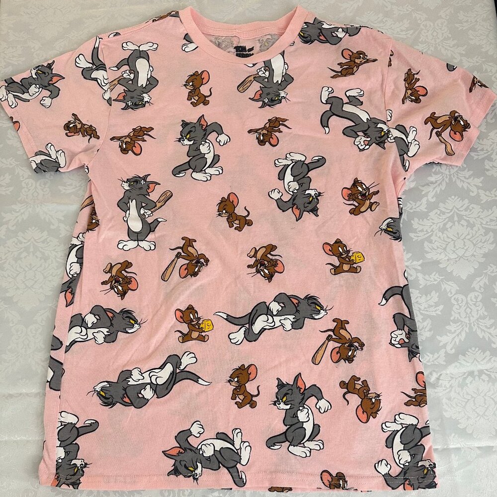 Tom and Jerry Cartoon All Over Print Soft Pink Graphic T-shirt